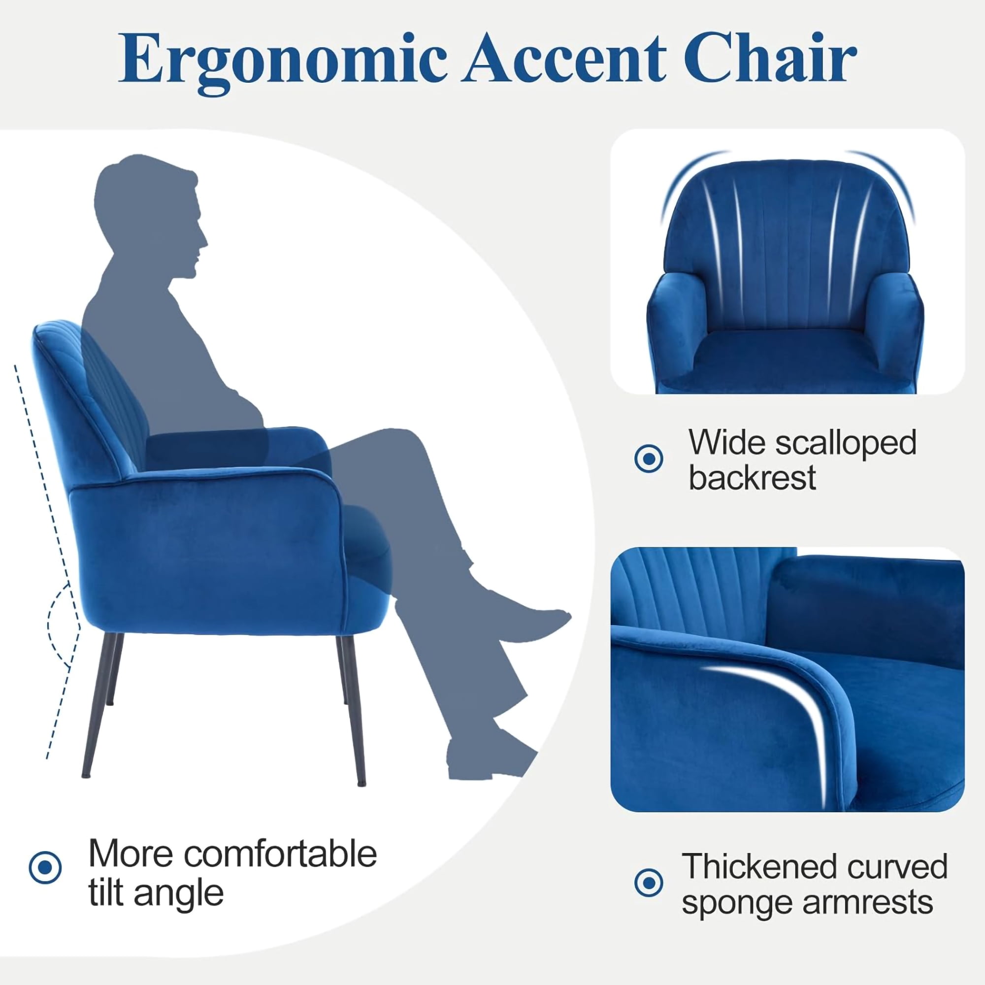 Mintazer Velvet Accent Chair with Shell-Shaped Backrest, Modern Upholstered Armchair with Metal Legs for Living Room & Bedroom, Blue