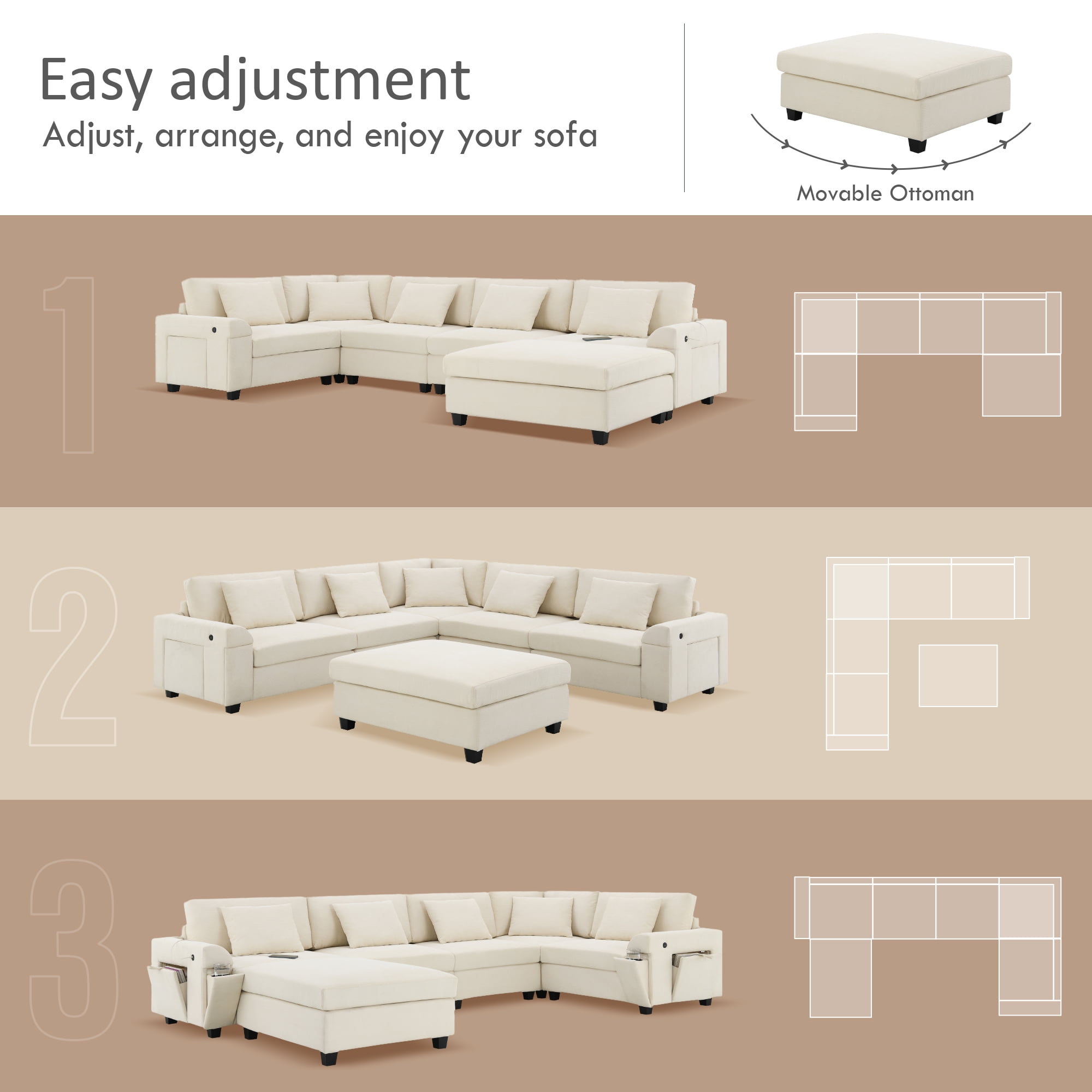 Sectional Sofa, U-Shape Sofa, Chenille Couch, 6-Seater Couch with Oversized Ottoman and Armrest Storage for Living Room, Off White
