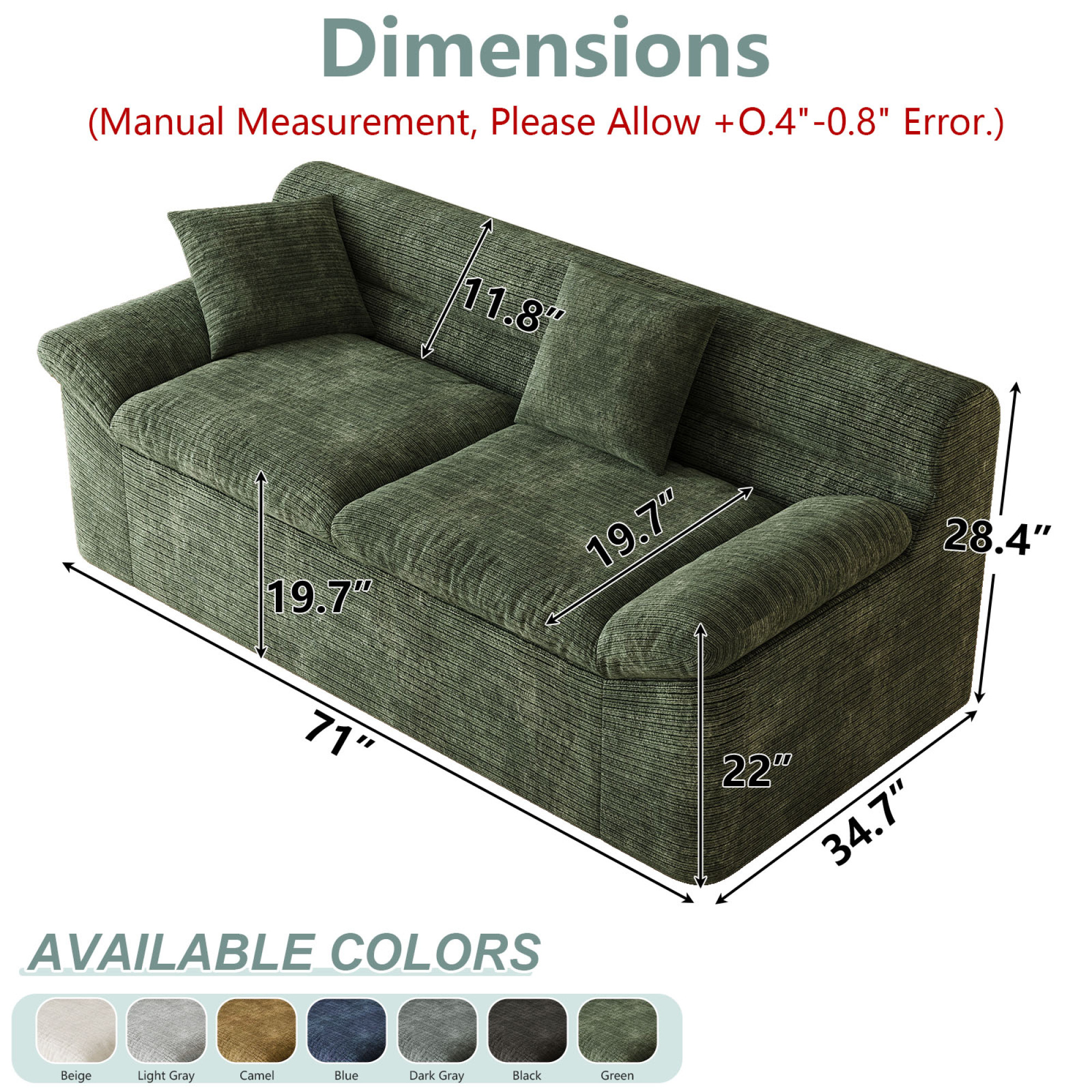 HOQBN 71" Boneless Couch for Living Room,Upholstered Chenille Sofa with Deep Seat Design and 2 Pillows,Comfy Cloud Couch for Bedroom, Office, Apartment, No Assembly,Antique Green