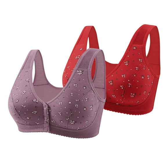 cfhntfmh 2 Pack Womens Front Closure Bras Seamless Printed Cotton Soft Push up Bra No Underwire Plus Size Front Button Bra