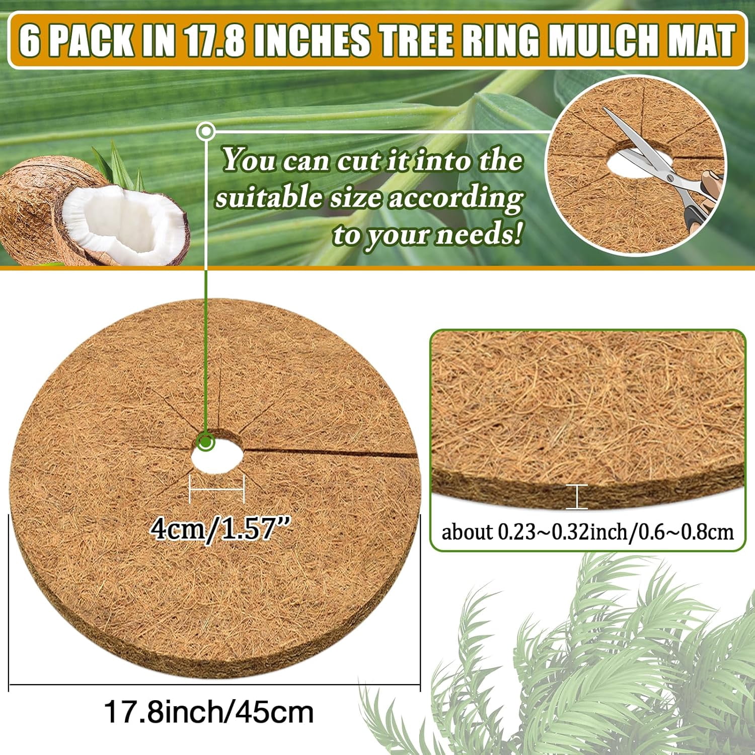 ZeeDix 6 Pcs Coconut Fibers Mulch Ring Tree Protector Mat, 17.8 Inch Coco Coir Tree Protection, Tree Ring Mats Tree Disc Plant Cover for Indoor or Outdoor