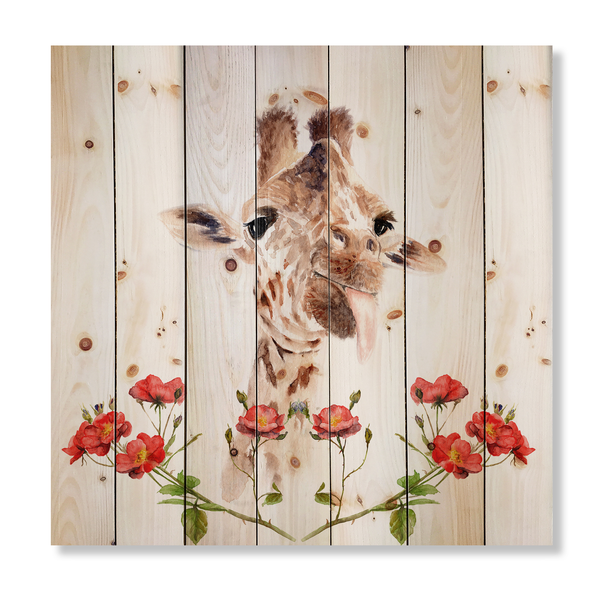 Designart 'Portrait of A Giraffe With Red Flowers I' Farmhouse Print on Natural Pine Wood