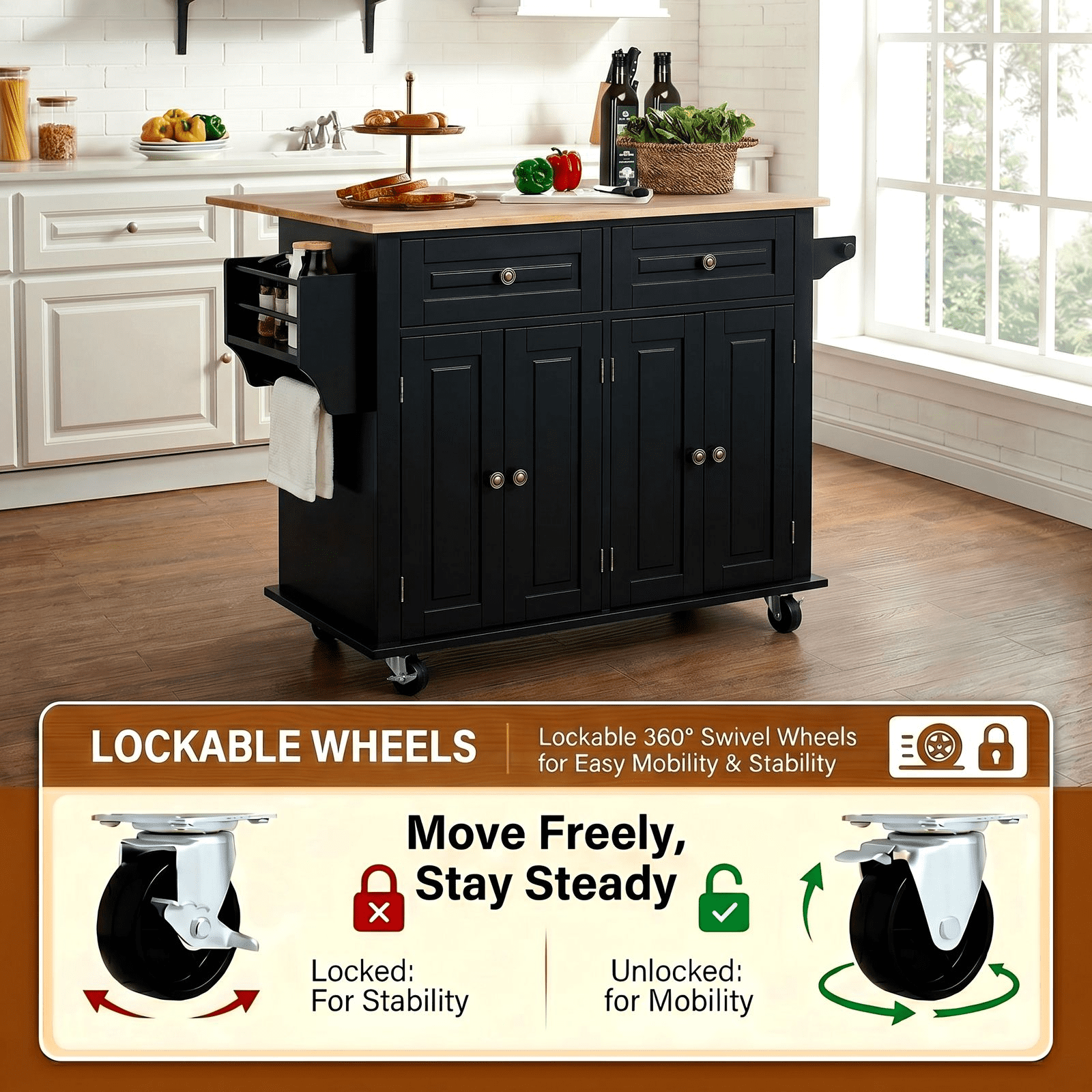 RichYa Rolling Kitchen Islands Cart on Wheels with Storage and Drop Leaf, Microwave Table with Rubber Wood Top, Drawers and Spice & Towel Rack,Black