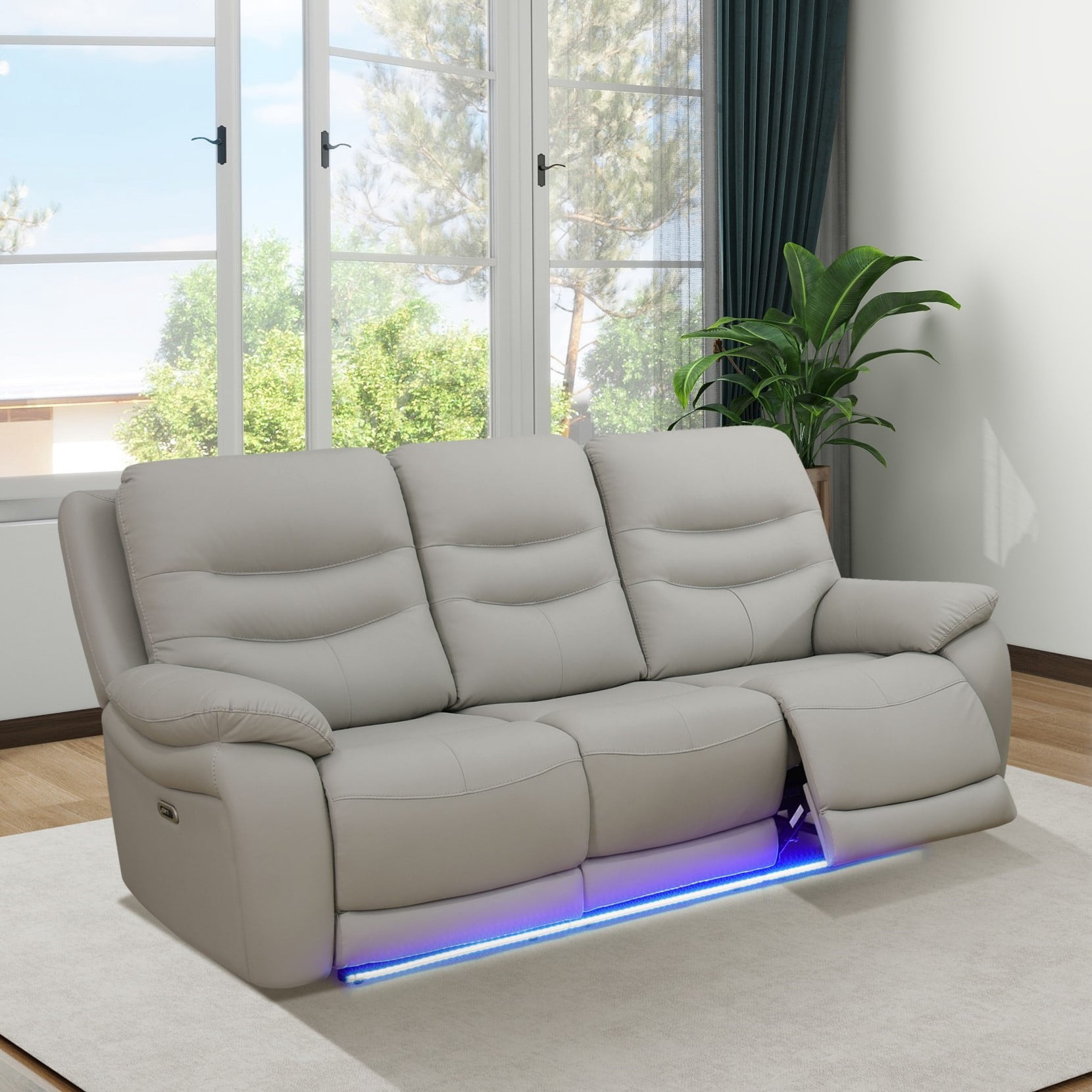 Gewnee 3‑Seat Power Recliner Sofa, Air Leather, Adjustable Recline Angle, USB‑C & USB Ports, LED Ambient Light for Living Room Home Theatre，Light Gray