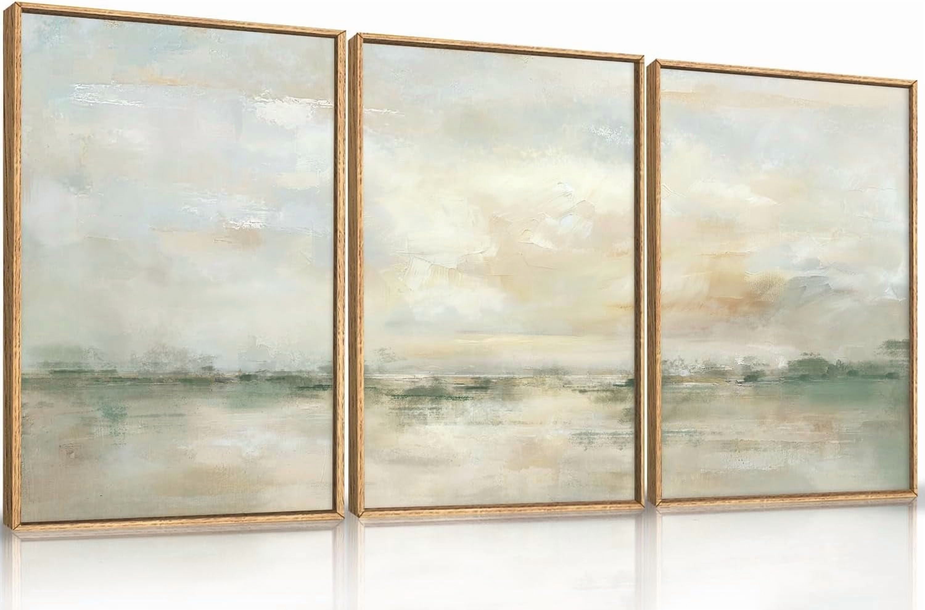 Large Abstract Green Gray Pastel Framed Canvas Wall Art,Neutral Landscape Wall Decor,Modern Watercolor Lake Artwork,Beige Textured Illustrations Art for Living Room,Bedroom,Office- 16"x24"x3