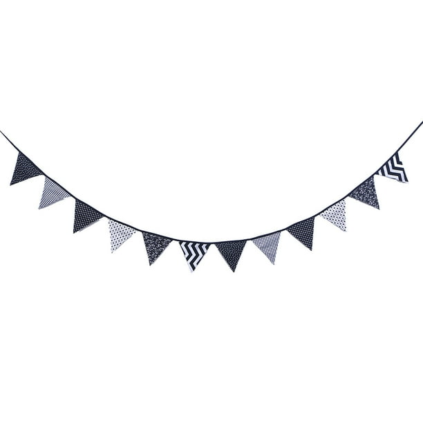 KAKOWELY Banderines de tela de algodón blanco y negro de 3M, 12 banderines triangulares, decoración para bodas, cumpleaños, graduaciones y aniversarios.