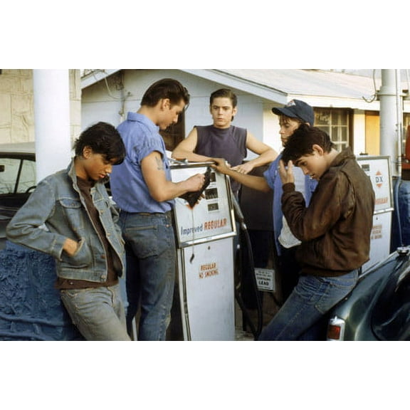 Ralph Macchio and Matt Dillon and Patrick Swayze and C. Thomas Howell and Rob Lowe in The Outsiders at gas station 24x36 Poster