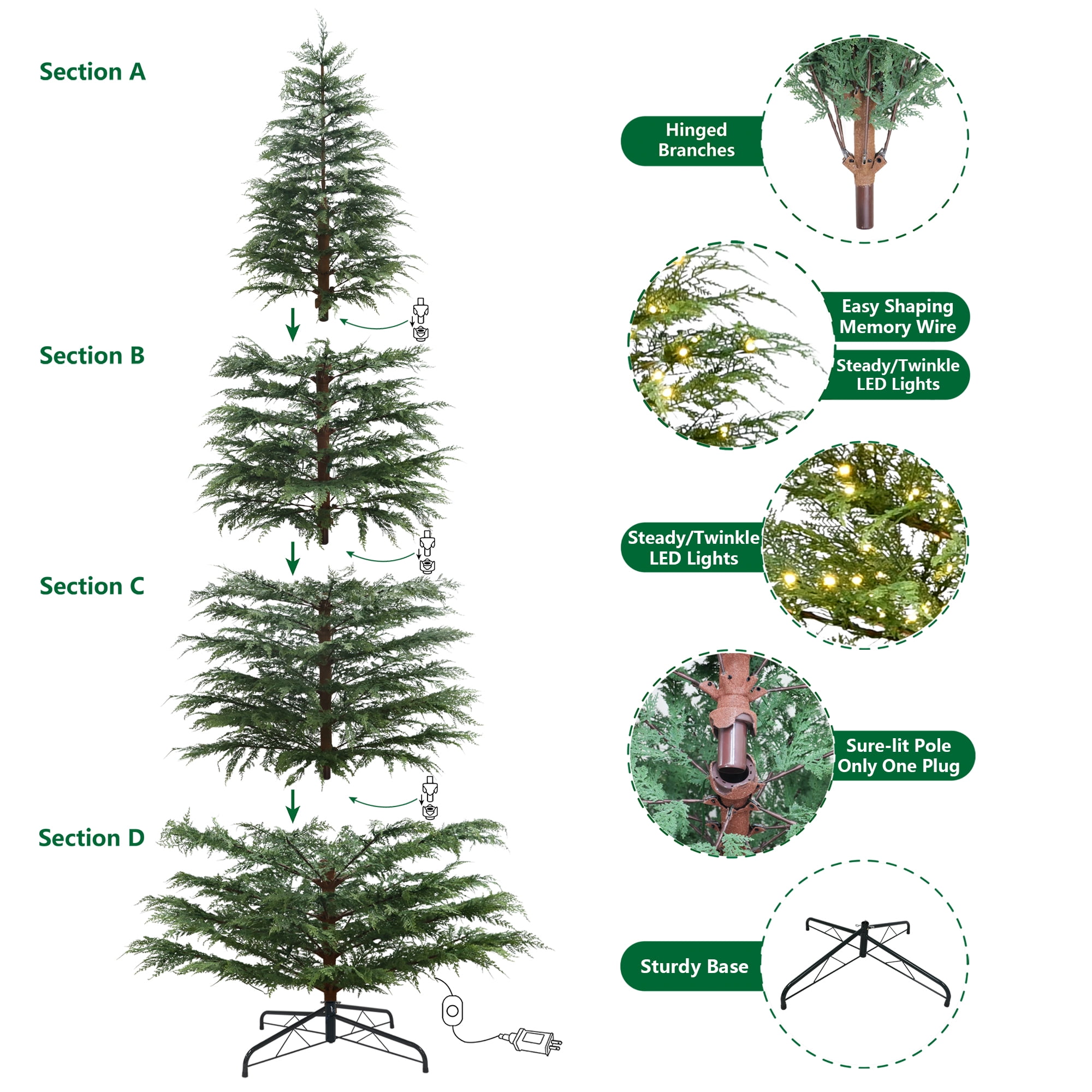 My Texas House 12ft Pre-Lit Cypress Artificial Christmas Tree, 1000 Warm White Twinkle LED, Green