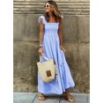 thumbnail image 1 of WildPinky Elegant Square Collar Plaid Summer Dress Women A-line Elastic Khaki Ruffled Dresses Beach Party Sleeveless Maxi DressXL Gao Jinjia LED, 1 of 2