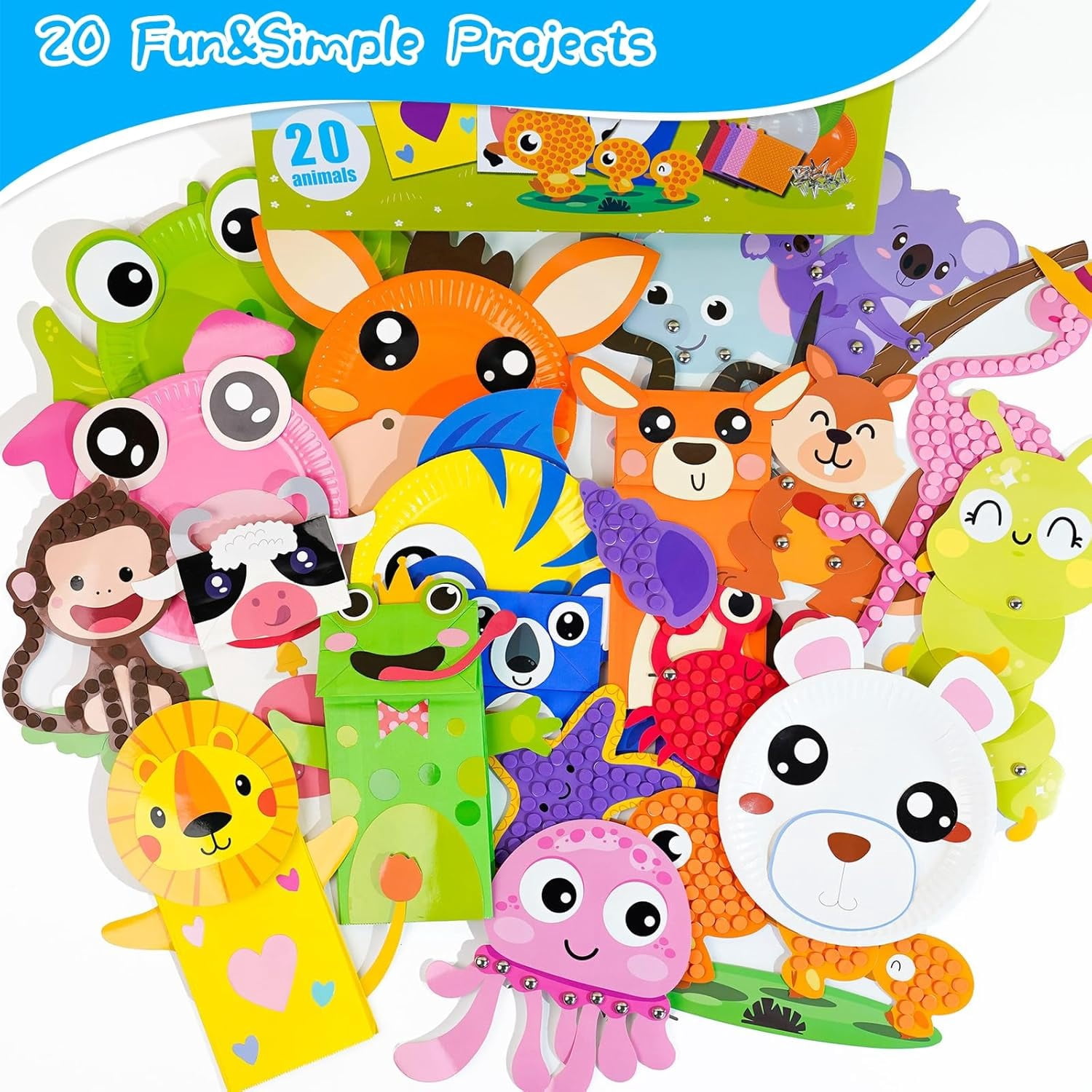 20 Animal Arts & Crafts Kit for Kids 4-6, All-Inclusive Toddler Craft Box with Paper Plates, Puppets, Fun Activities, Tigers, Lions (134 Characters) (Animal)