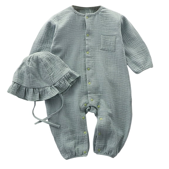 Coerni Girls Boys Linen Cotton Romper Button-Down Baby Girl Summer Clothes with Ruffled Bonnet Hat Unisex Photoshoot Outfits