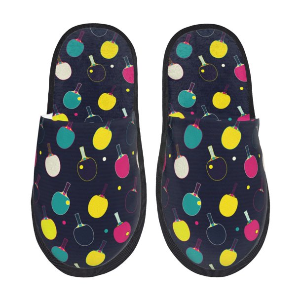 Balery Colorful Ping Pong Rackets Pantuflas de Casa de Felpa Silenciosas con Diseño Estampado, Zapatillas Cómodas Antideslizantes de Algodón para Interior-Large