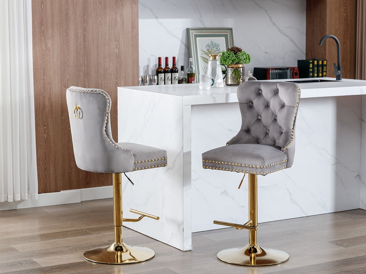 Grey Velvet Swivel Bar Stools Set of 2 with Upholstered Back, Adjustable Counter Height Barstools, Bar Chairs for Home Bar Kitchen Island Pub Restaurant (2 Pcs, Gray)