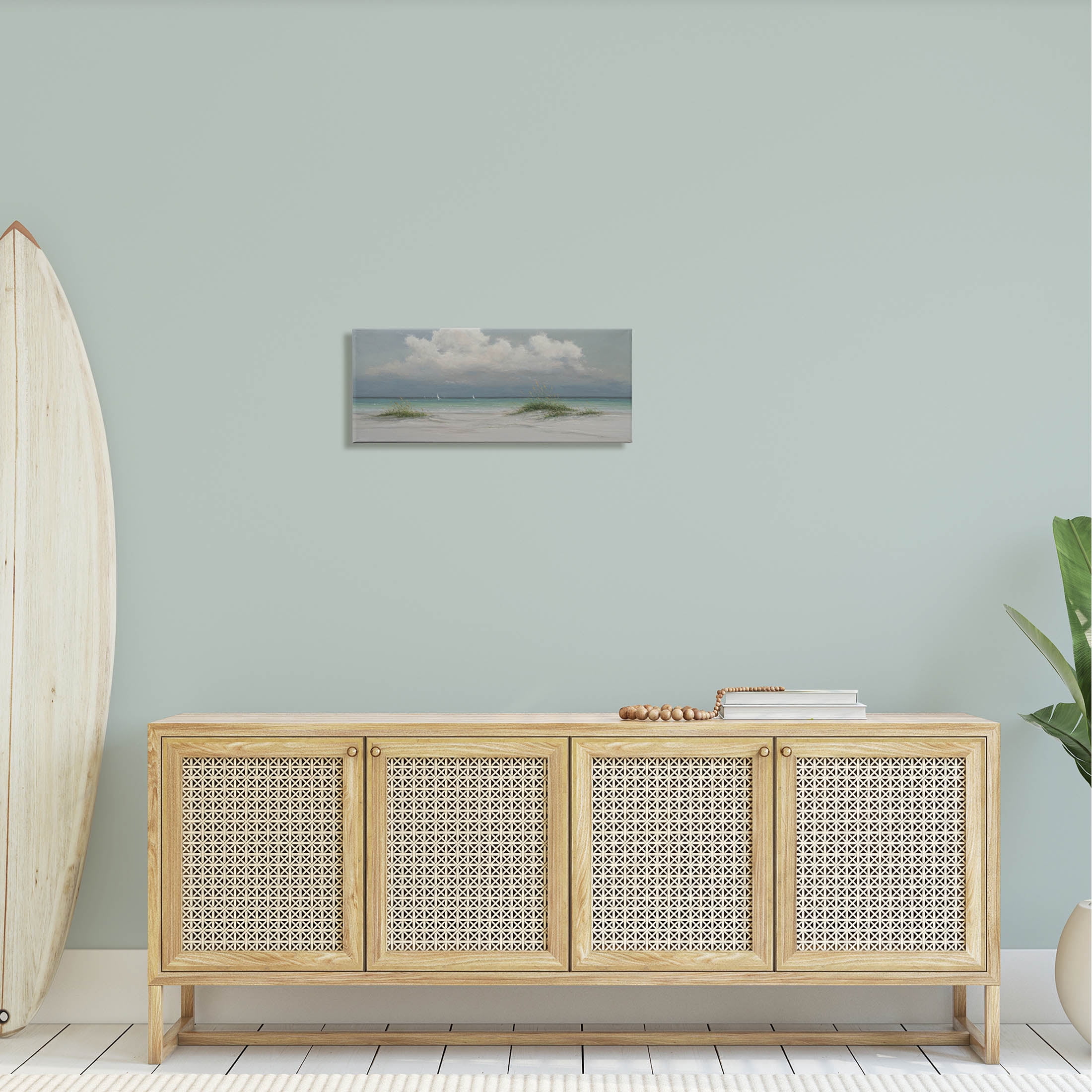 Puffy Clouds Beach Sailboats Coastal Painting Gallery Wrapped Canvas Print Wall Art