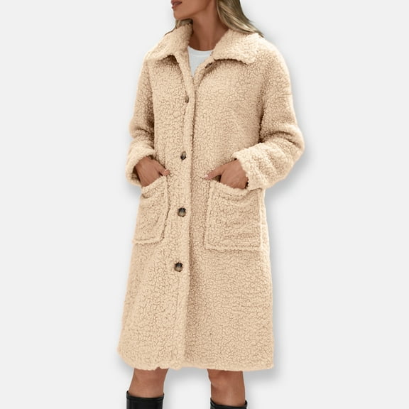Ahabrexf Long Winter Coats for Women, Solid Color Mid-Length Fleece Coat with Lapel and Button Pocket