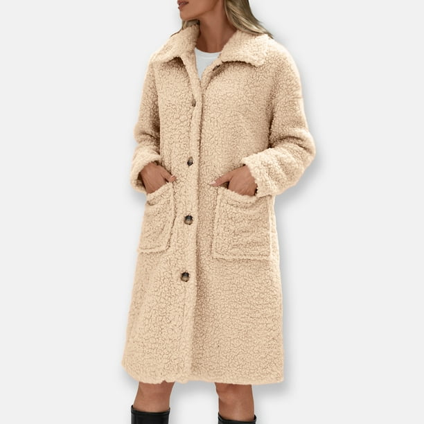 Abrigo y chaquetas informales de manga larga sin capucha para mujer, abrigo polar cálido de invierno con solapa y manga larga, color liso, con bolsillos y botones, largo medio, blusa para mujer