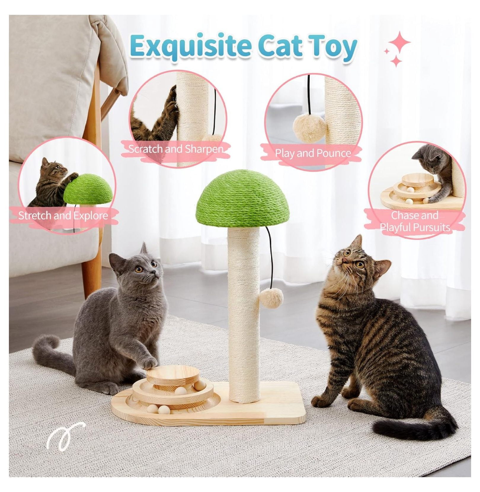 Cat Scratching Post Mushroom, Sisal Scratcher with Ball Toy - 20 Inch Kitten Scratcher for Indoor Cats - Interactive Wood Cat Tree Activity Center Green