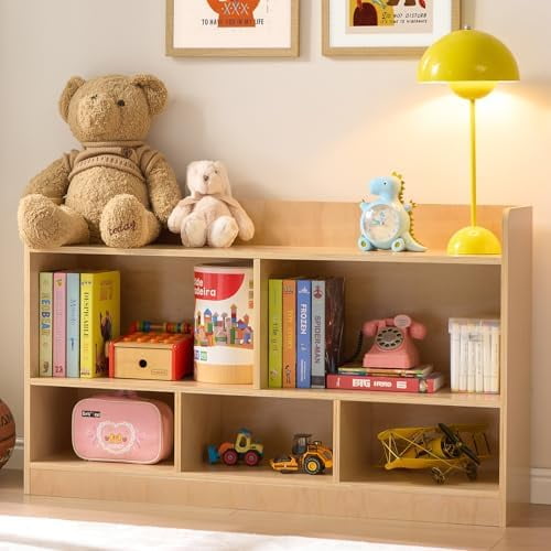 Wooden Storage Cabinet, 2-Tier Montessori Bookshelf, 5-Section Kids Toy Storage Organizer Toddler Book Shelf, Book Shelf for Kids Rooms, Playroom and Preschool$$Home Decor, Kitchen, & Other