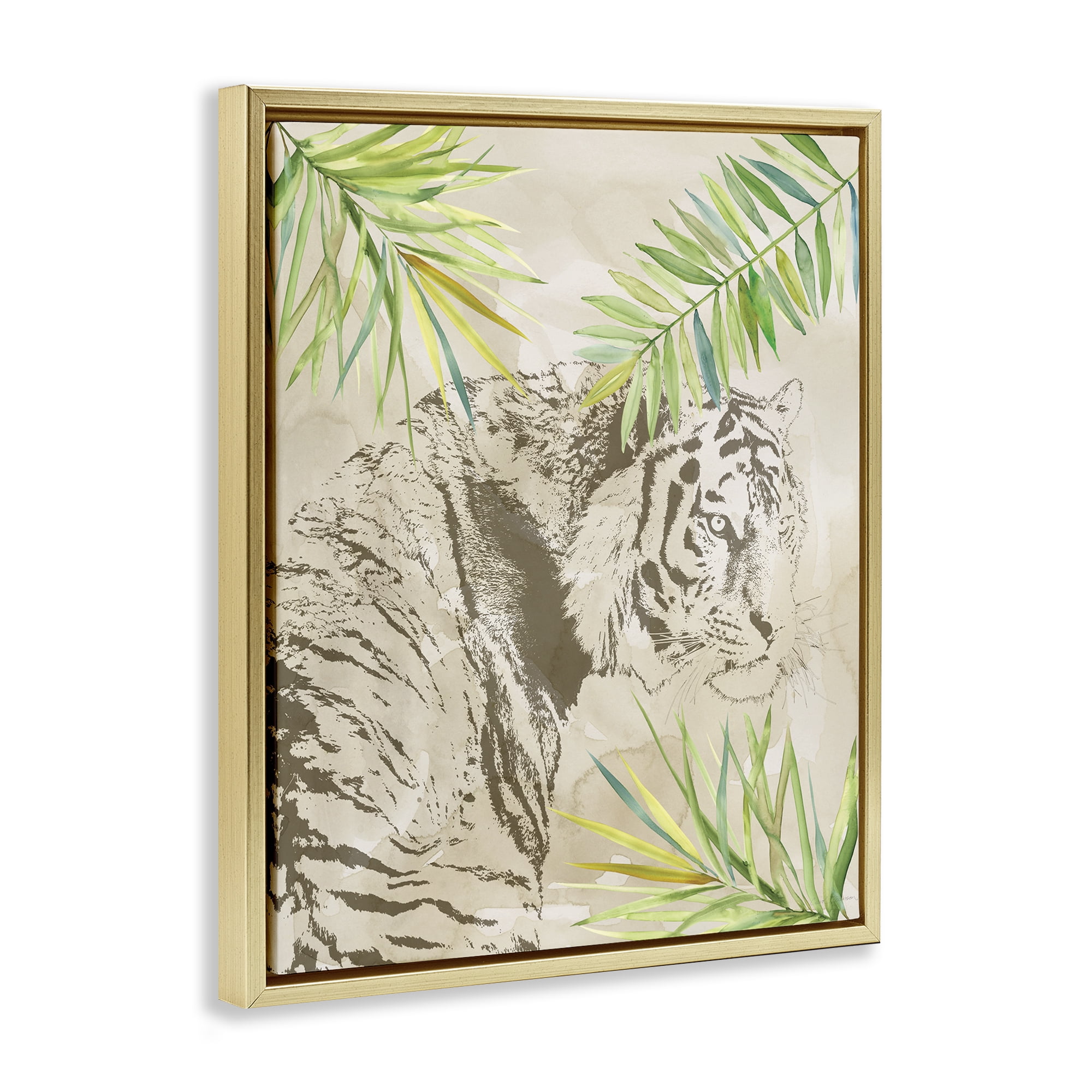 Stupell Industries Tiger Impression & Palms Animals Painting Gold Floater Framed Canvas Art Print Wall Art, 17 x 21