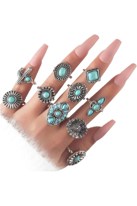 Boho Turquoise Ring for Women Silver Western Stackable Knuckle Rings Vintage Cactus Flower Midi Finger Ring Statement Jewelry Gifts