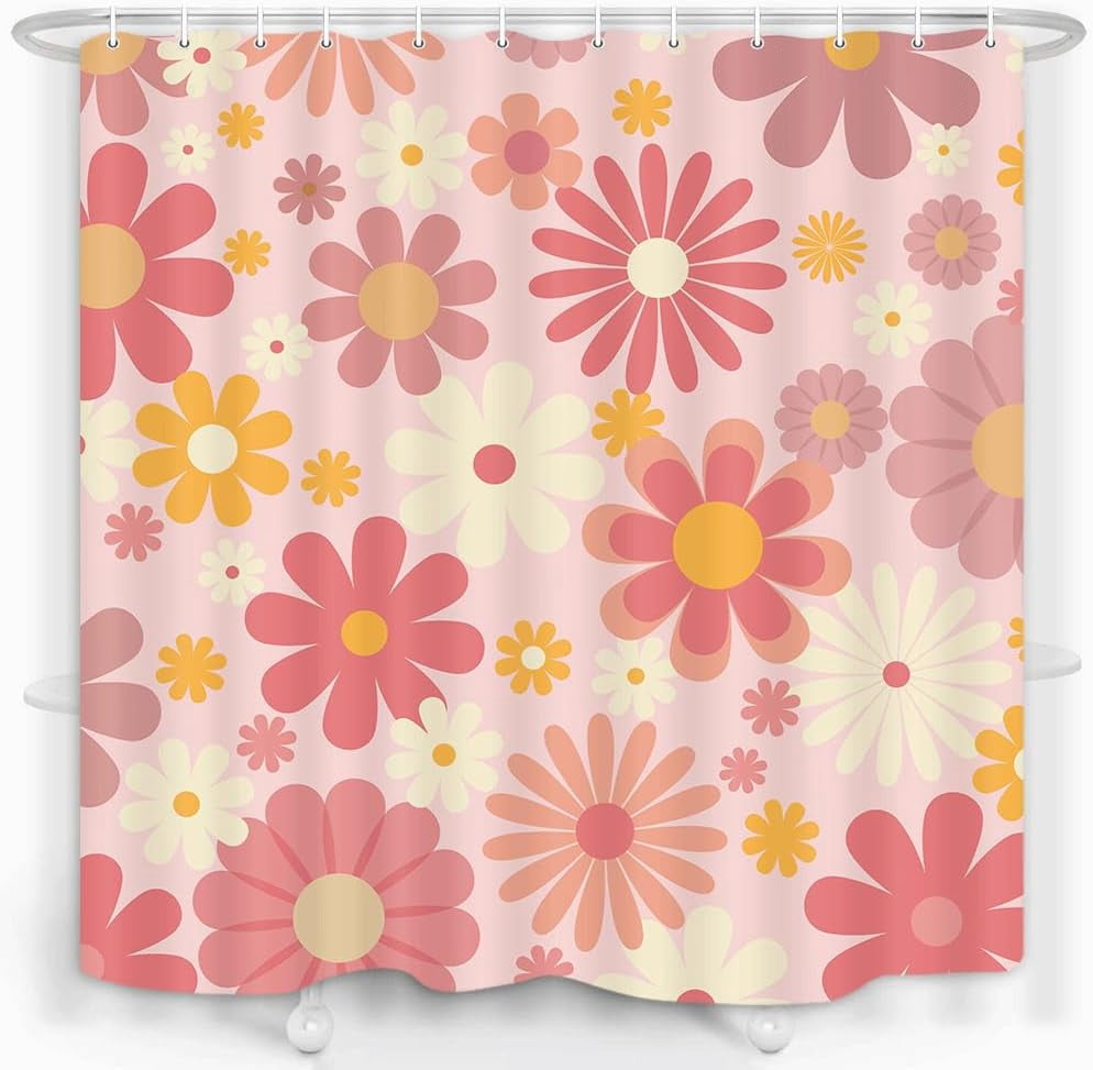 Cute Flower Shower Curtain, Vintage Hippie Funky 70s Sun Flowers Shower Curtains for Bathroom Decor, Pastel Pink Flora Groovy Boho Aesthetic Girls Shower Curtain with 12 Hooks, 72X72in