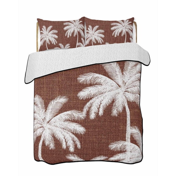 Quilts Twin-XL Size Bedding Set, Brown Palm Trees Lightweight Quilted Comforter, Farmhouse Tropical Summer Beach Soft Reversible Bedspread Coverlet with Pillow Covers for All Season, 68" x 98"