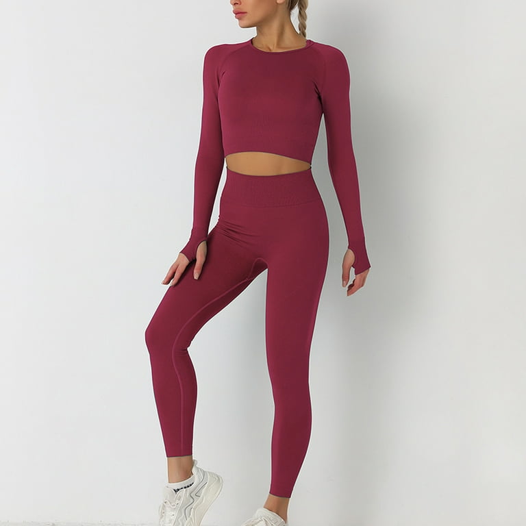 safuny Women's Workout Sets Yoga Outfits 2Pc Spring Autumn Solid Elastic  Waist Pants Fashion Tracksuit Long Sleeve Round Neck Tops Casual Relaxed  Wine