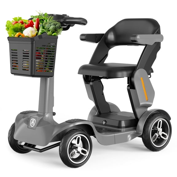 BoVellt SPD-2 Gray Portable 4 Wheel Mobility Scooter for Elderly Adults Heavy Duty All Terrain Electric Travel Scooter Secure Braking