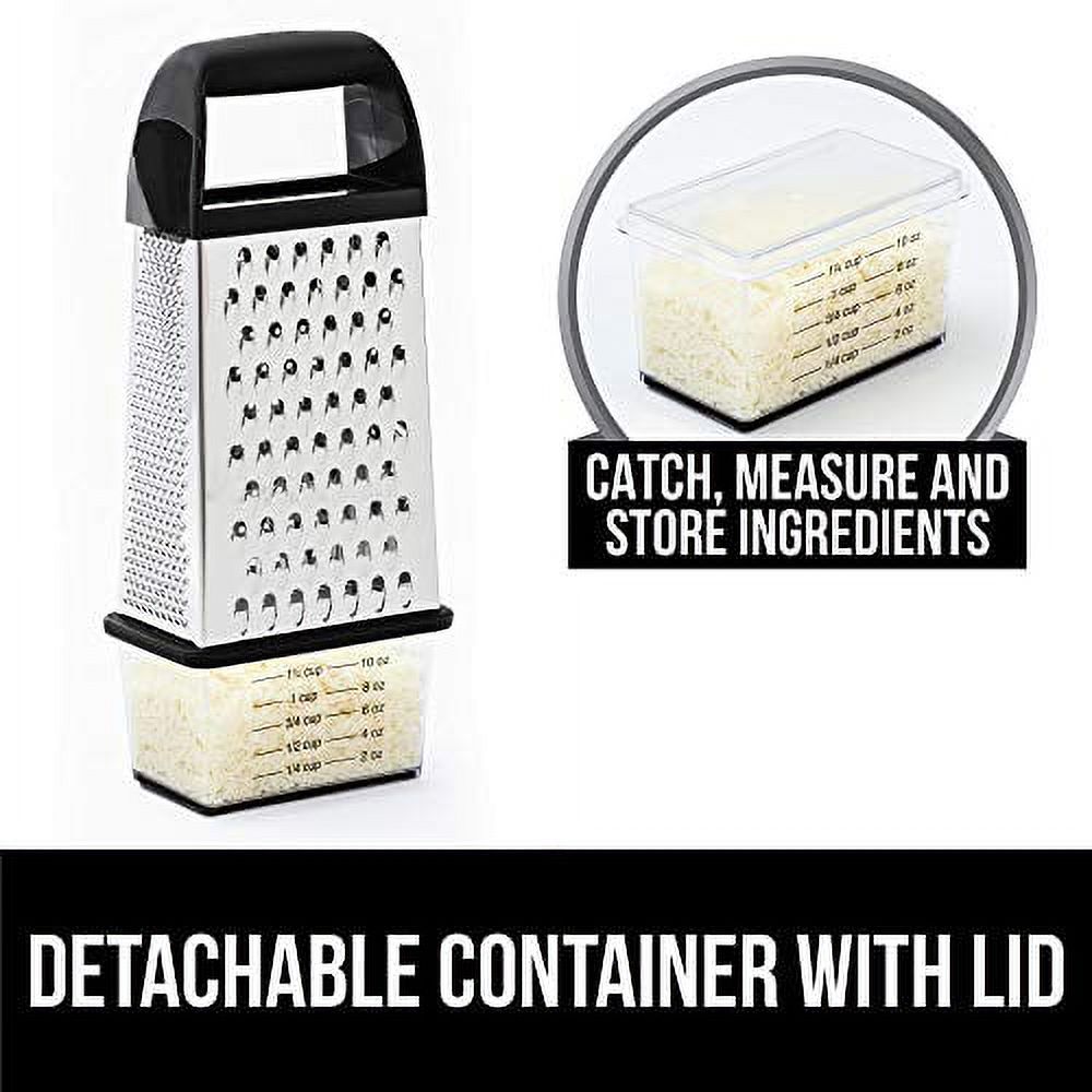 Gorilla Grip Box Grater, Stainless Steel, 4-Sided Graters with Comfortable Handle and Storage Container for Cheese, Vegetables, Ginger, Handheld Food Shredder, Kitchen Zester, 10 inch, Black - image 5 of 9
