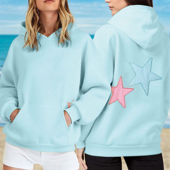 Cozy Womens Hoodies Casual Loose Fit Embroidered Star Hooded Sweatshirt with Pocket for Everyday Wear Womens Sweatshirt Blue S