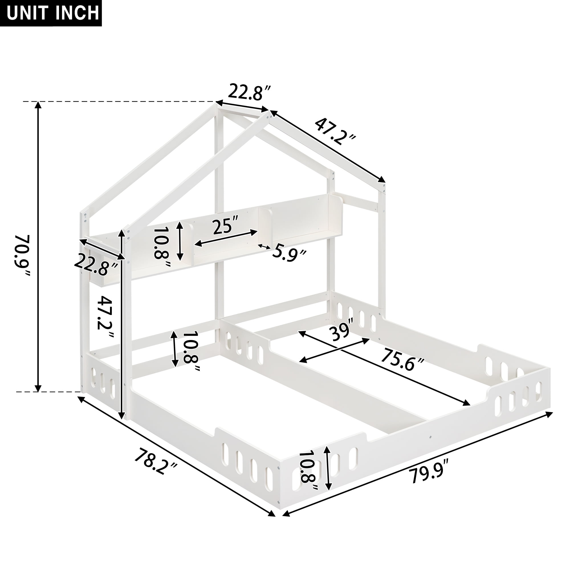 Euroco Wood Twin Size House Bed with Shelf, 2 Platform Beds with Storage, Creamy White