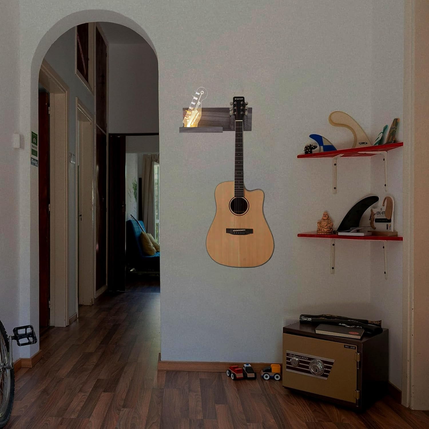 Guitar Wall Mount Hanger Bass Stand Light Up Wood Hanging with LED Acrylic Guitar Pick Holder Display Electric USB-Powered Guitar Accessories - Gift for musicians Men, Music Lovers Players Room Decor