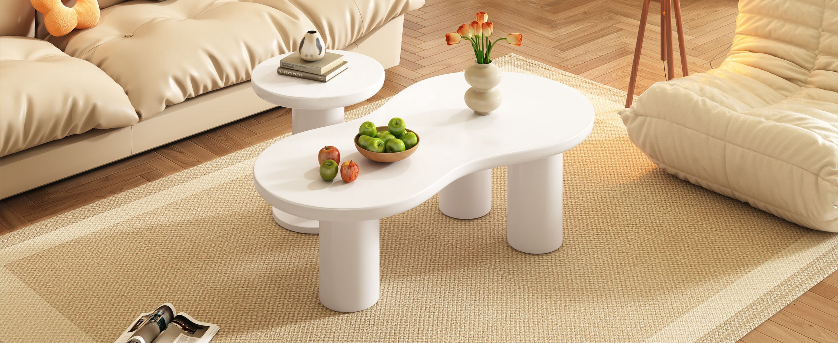 MAYEERTY Easy Assembly Nesting Coffee Table Set of 2, Cream Cloud Coffee Table & Round Side Table, Irregular Modern Center Table with Thick Legs for Living Room, White, 39.3" x 13.7", 15.7"