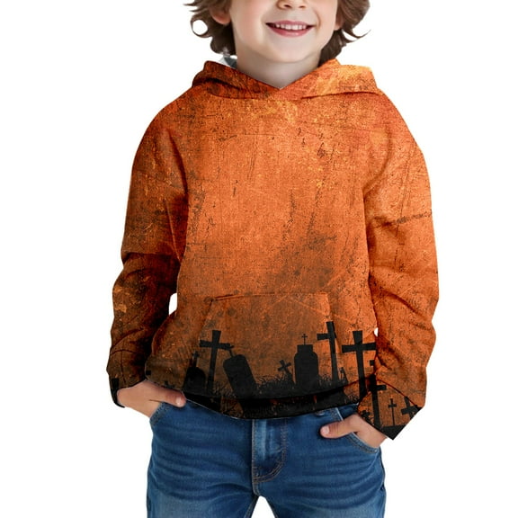 SonxaHe Toddler Boys' Fleece Hooded Sweatshirt Halloween Bat Print Long Sleeve Comfy Loose Holiday Fall Winter Hoosies Orange,Sized 3-4