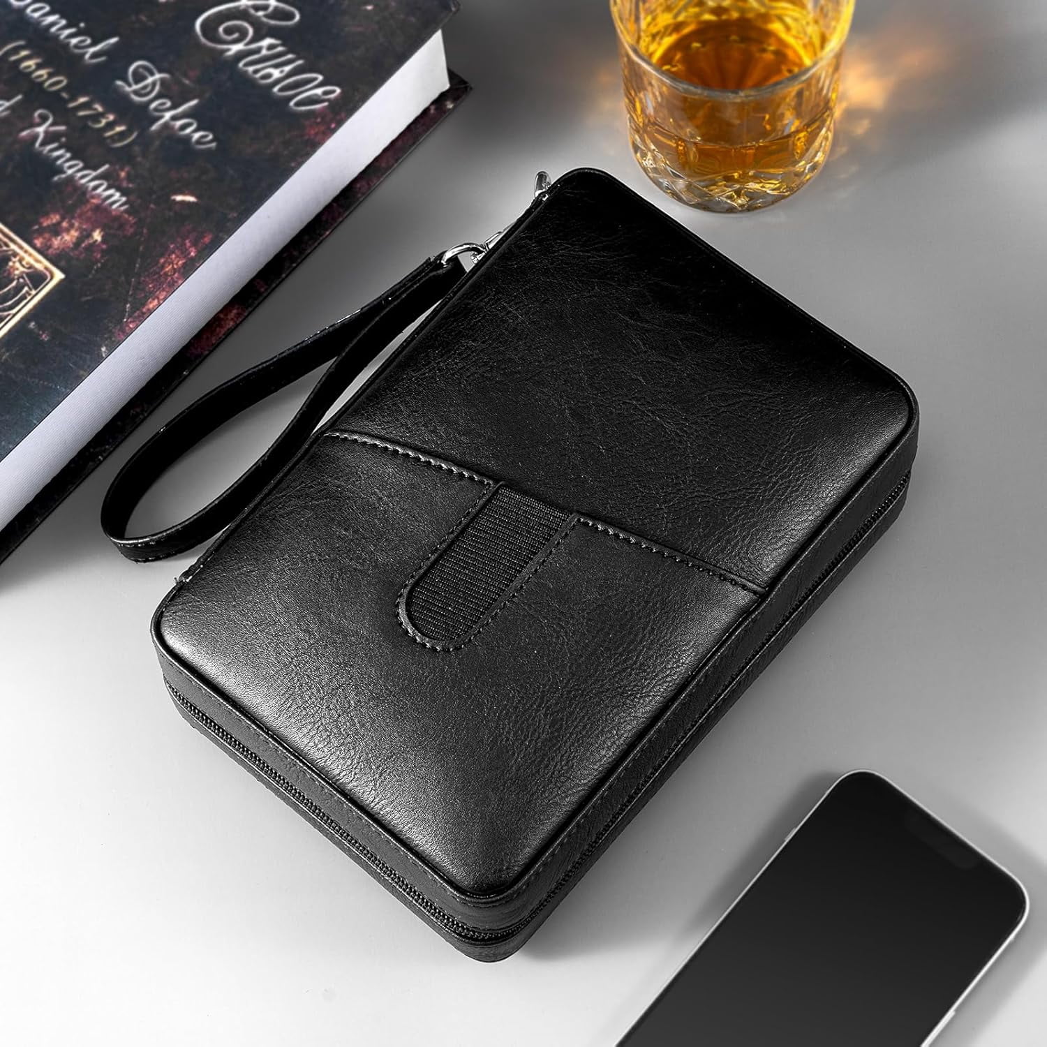 Cigar Humidor Cedar Wood Lined Leather Cigar Case Capacity 6 pcs Built in Hygrometer & Humidifier, Cigar Holder Portable Travel Cigar Humidor Kit(Black)
