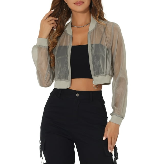Chaqueta Bomber Crop INSPIRE CHIC para mujer, ligera de malla transparente, de manga larga, color gris