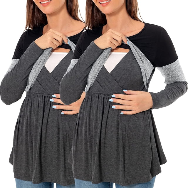 Womens Maternity Long Sleeve Crew Neck Color Block Nursed Tops T Shirt For Breastfeeding Pregnancy Clothes 2 Pack