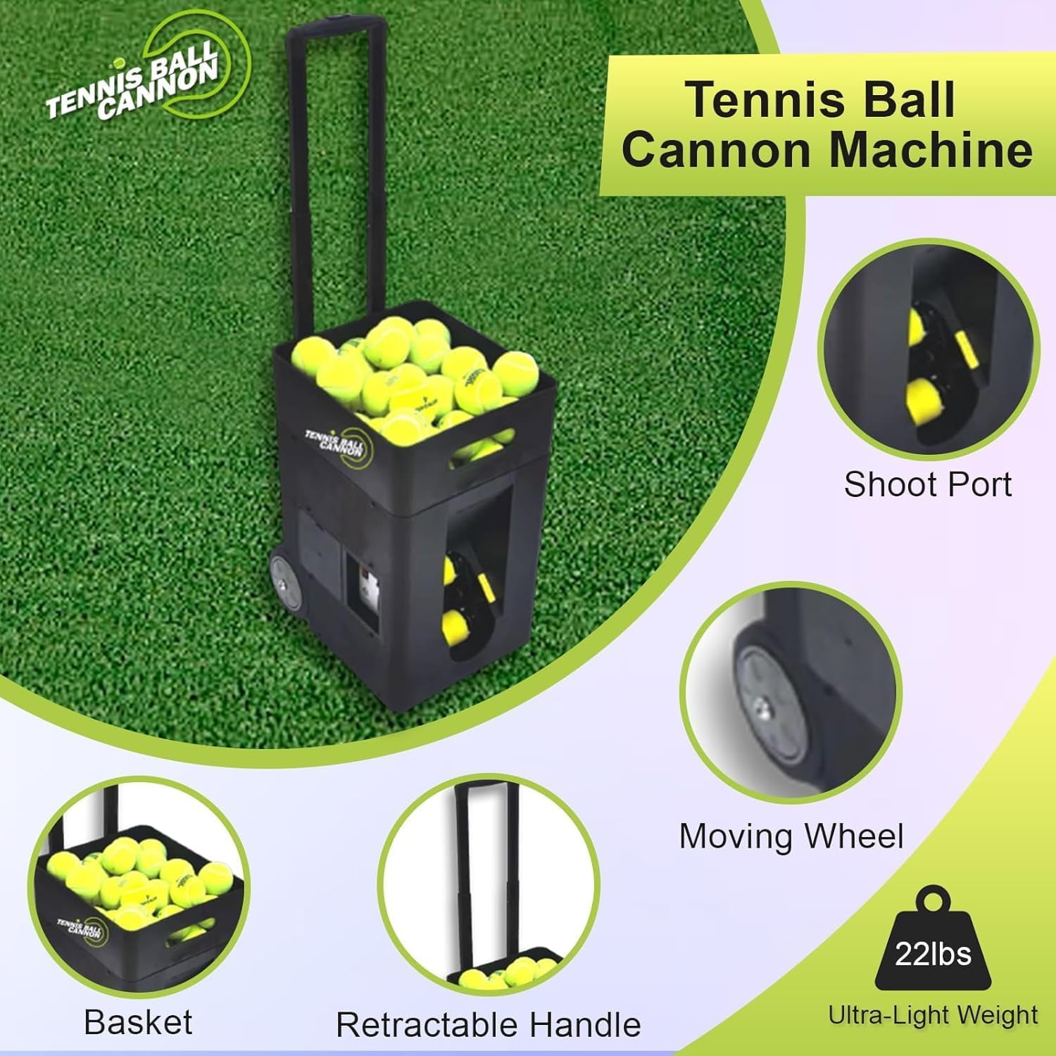 Tennis Ball Cannon Portable Tennis Ball Machine (Only Weighs 22lbs) - Dual Motor for Top Spin and Backspin, 50+ Balls, Max 45MPH, 4+ Hours Play with Rechargeable Lithium Battery