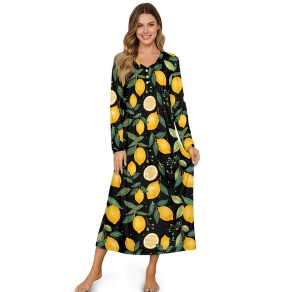 Xoenoiee Lemon Leaves Print Women's Long Sleeve Nightgown Full Length Sleepwear Button Down Long Sleepshirts Henley Sleep Dress Mumu Dress, S
