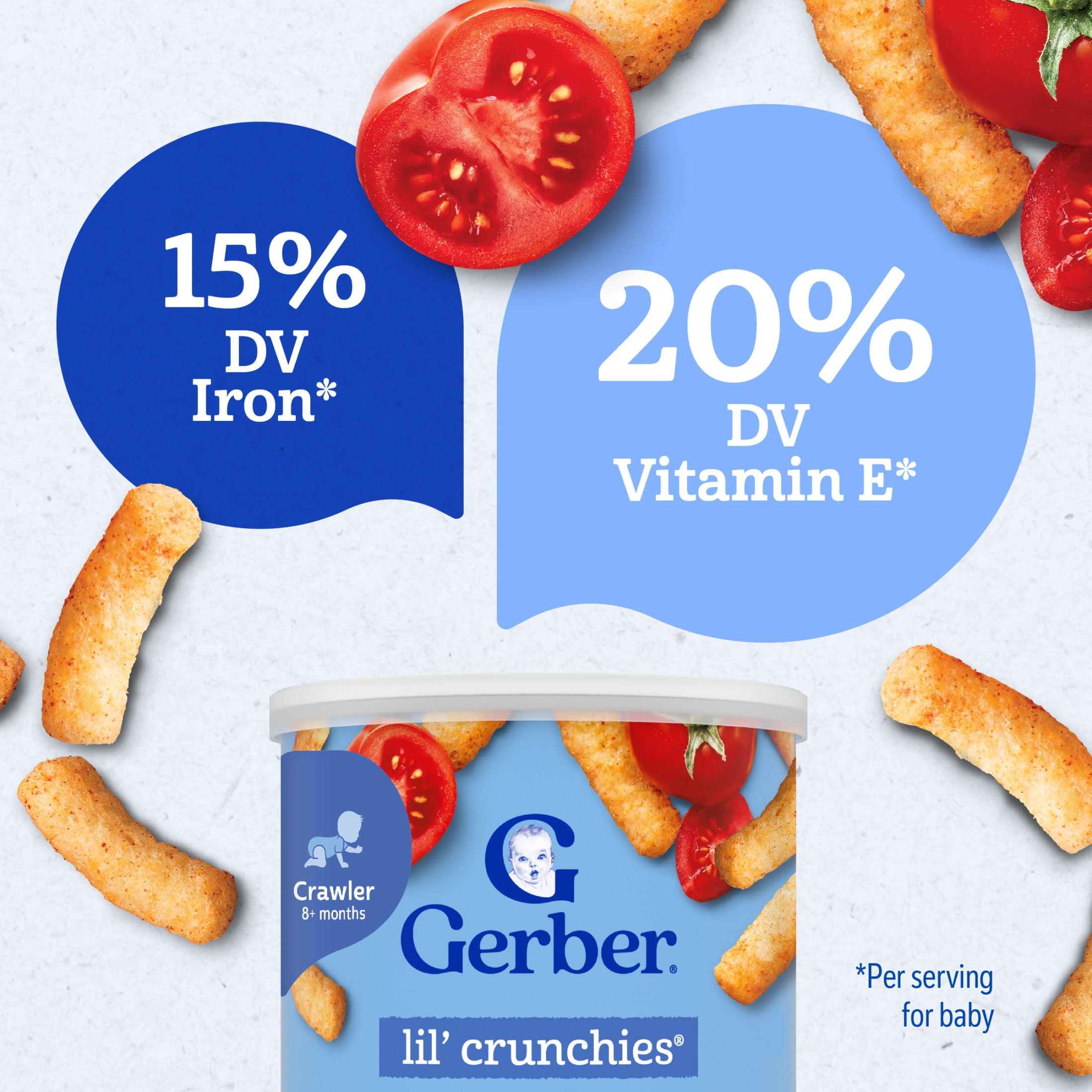 (3 pack) Gerber Baby Snacks Lil’ Crunchies Puffs, Garden Tomato, 1.48 oz Canister