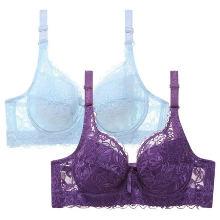 WREESH Womens Lace Bralette Comfortable Everyday Push Up Bra Soft Padded Wireless Plunge Bra Adjustable Strap Underwear 2 Pack Light Blue