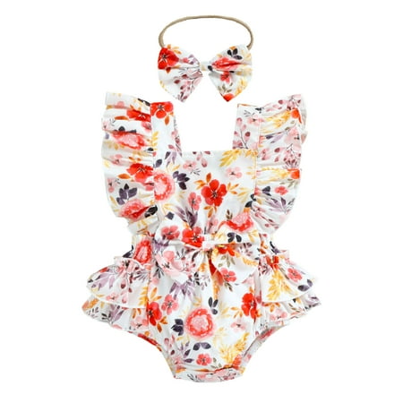

Baby Girls Bodysuits Ruffles Flyleeve Floral Printed Romper Bowknot Backless Bodysuits Headbands Outfits