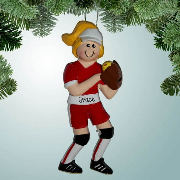 Personalized Softball Pitcher Red Uniform - Blonde Hair Christmas Ornament - Girl's Softball - Little League - Great Gift Ideas