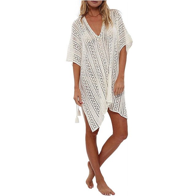 Cover Ups y pareos, traje de baño para mujer con espalda abierta, vestido de bikini de encaje de ganchillo, color beige
