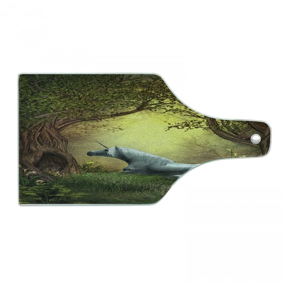 Unicorn Cutting Board, Enchanted Forest Fantasy Willow Trees Wildflowers Woodland Animal Folklore, Decorative Tempered Glass Cutting and Serving Board, Wine Bottle Shape, Green White, by Ambesonne