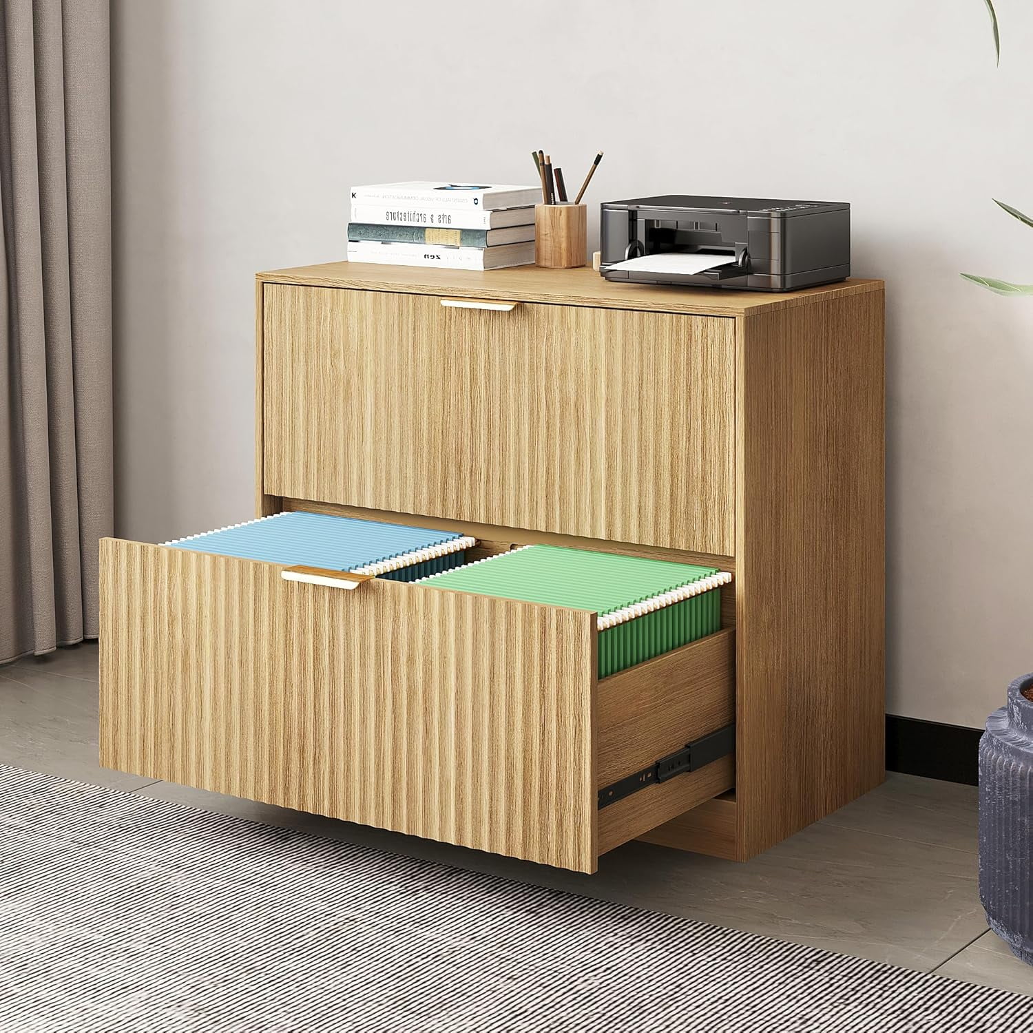 Pusnapku 2 Drawers File Cabinet, Modern 31" Printer Stand, Fluted Home Office Filing Cabinet with Adjustable Hanging Rails, for Legal/Letter/A4 Size