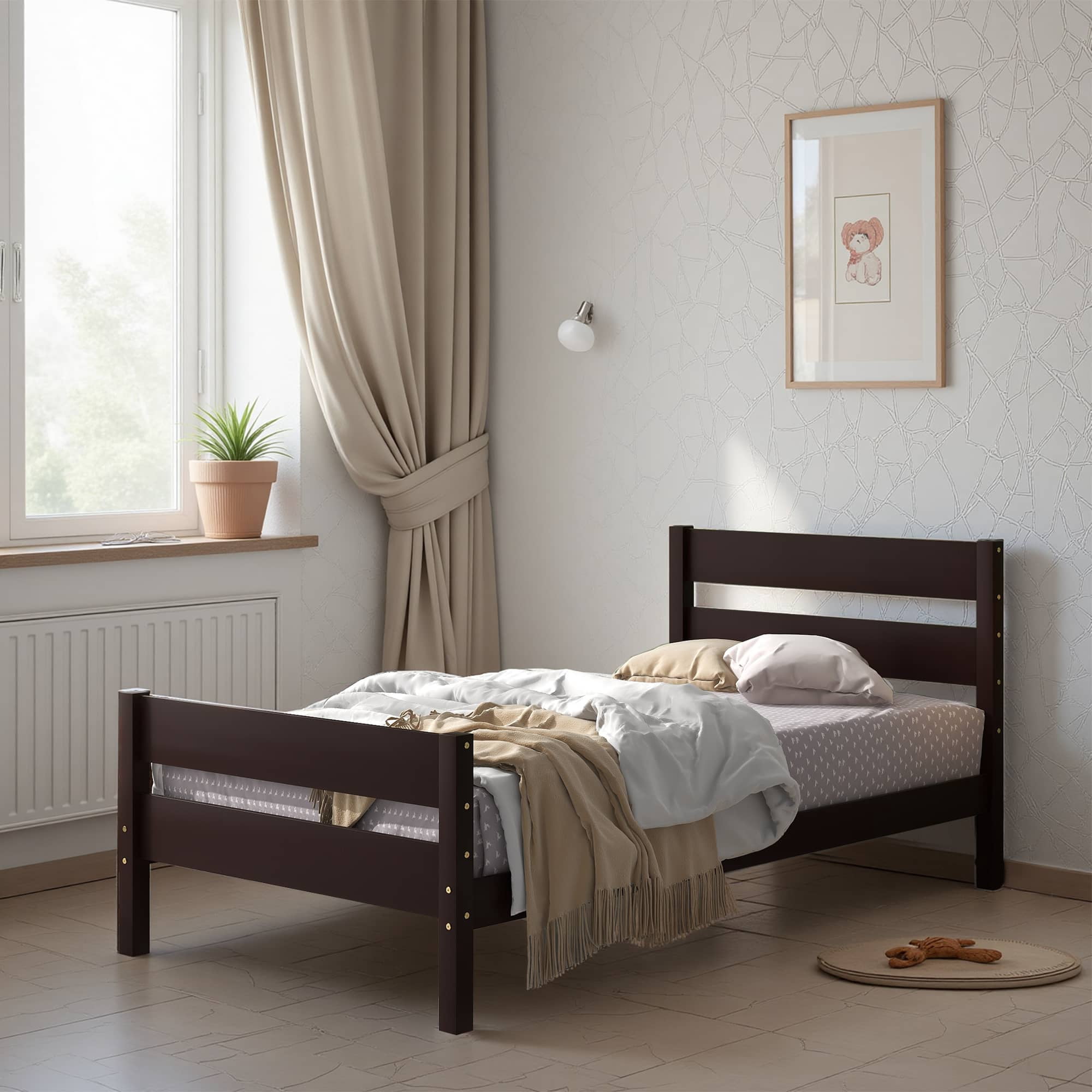 MAYEERTY Twin Bed Frame with Headboard and Footboard for Adult, Espresso