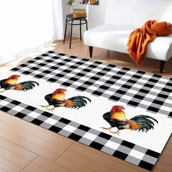 Area Rugs Indoor Non-Slip Rectangle Rug 2x3 Ft Farm Animal Rooster Black White Buffalo Plaid Country Rug Rubber Backing Floor Mats Non Shedding Home Decor Carpet for Entryway Living Room