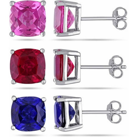18 Carat T.G.W. Created Ruby with Created Blue and Pink Sapphire Sterling Silver 3-Piece Set of Stud Earrings