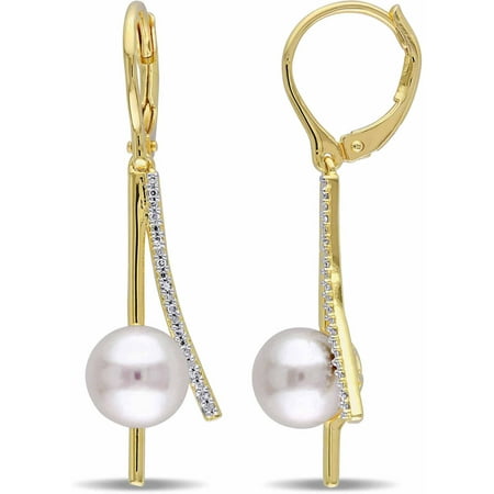Miabella 8-8.5mm White Round Cultured Freshwater Pearl and Diamond-Accent Yellow Rhodium-Plated Sterling Silver Leverback Dangle Earrings
